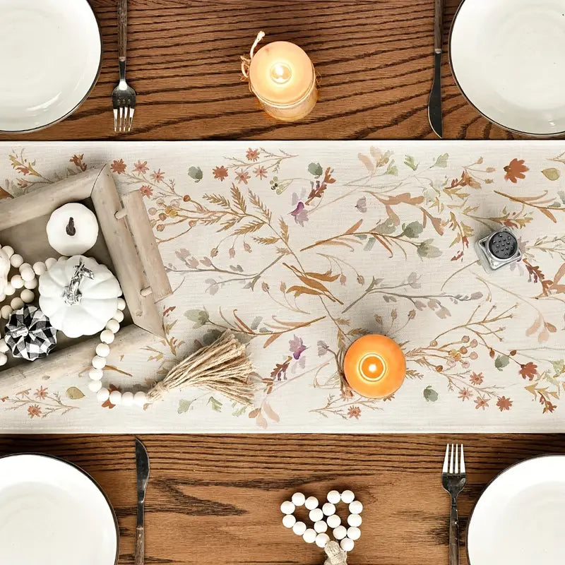 Linen Fall Table Runner - Floral Leaves Thanksgiving Decor
