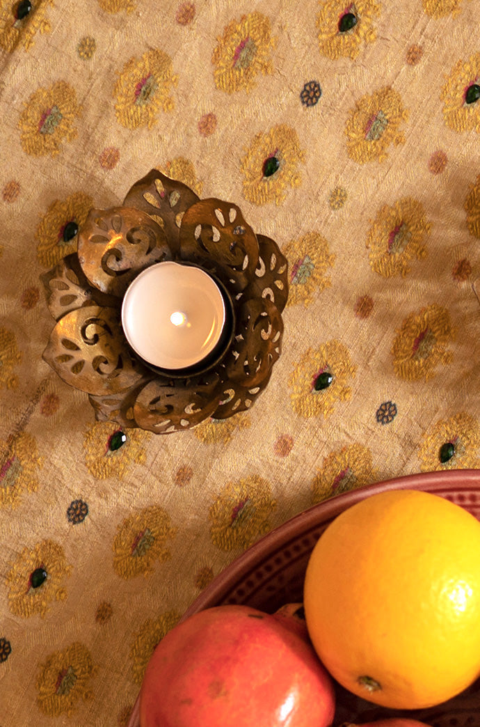 Handwoven Dupion Silk Table Runner - Mustard Buti Patterns & Bead Work