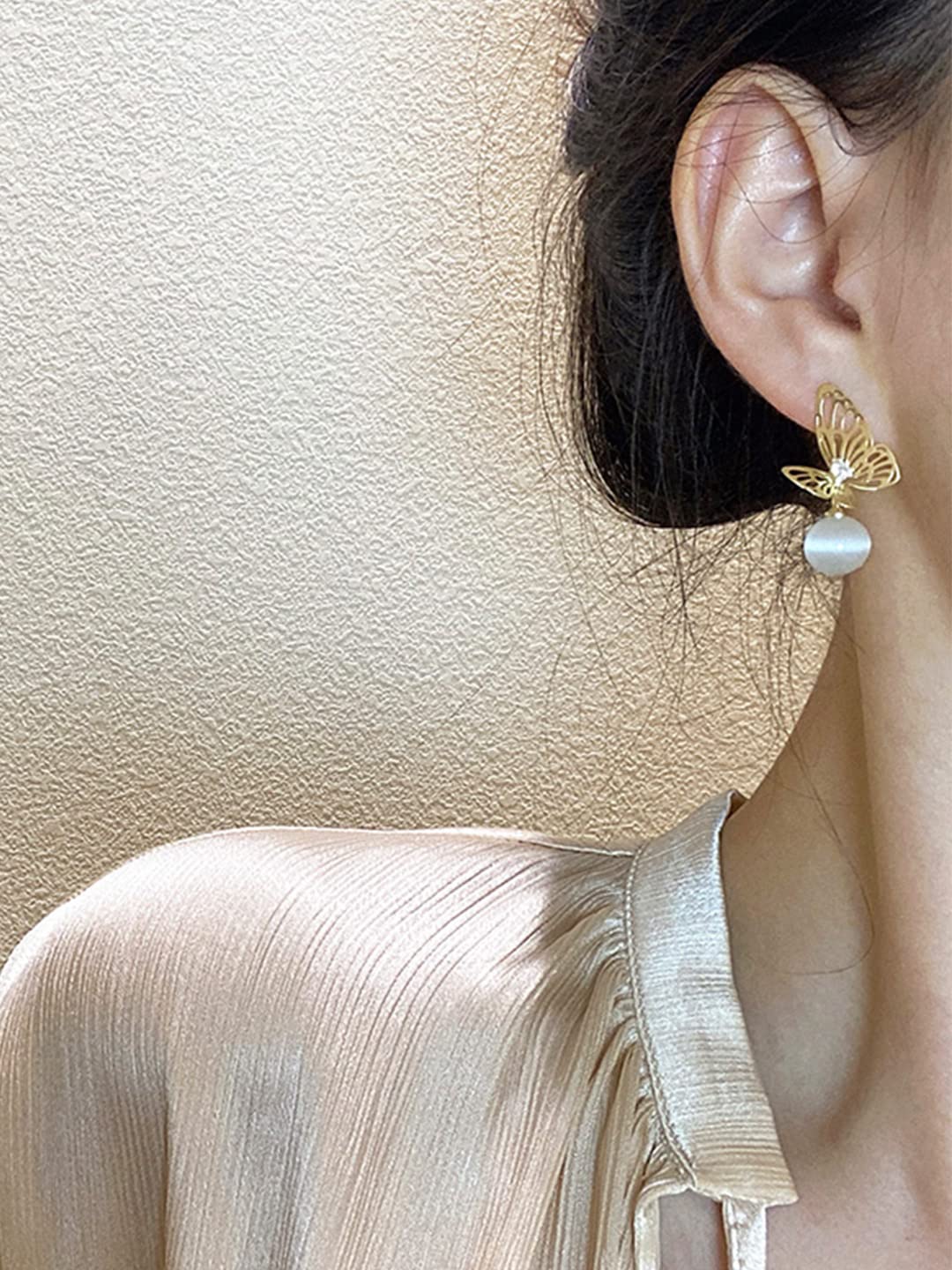 Gold Tone Butterfly Stud Drop Earrings – Fashion Jewellery – White Pearl Accent