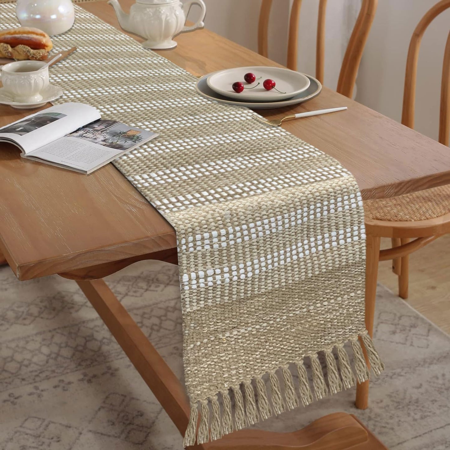 Table Runner – Woven Cotton Jute Blend, Tasseled Stripe – 13 x 72 Inch