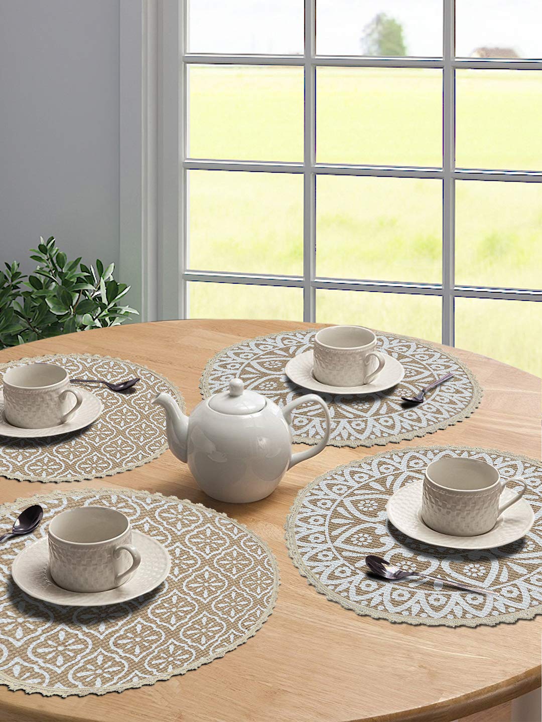Table Mat Set – Jute & Cotton Printed Round – 38x38 cm, 4-Pack