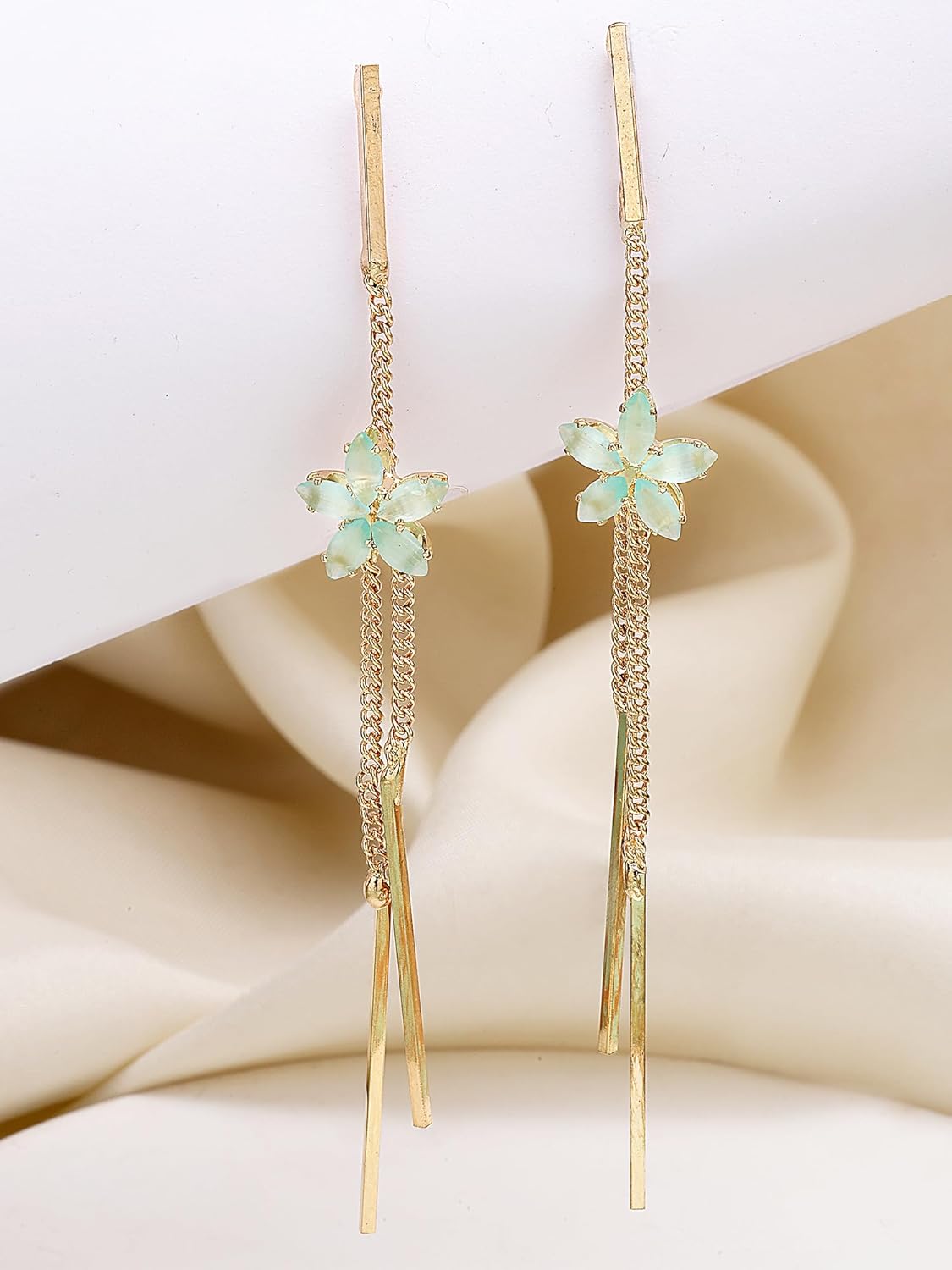 Contemporary Sea Green Drop Earrings – Fashion Jewellery – Gold-Plated Finish – Boutique Accessory