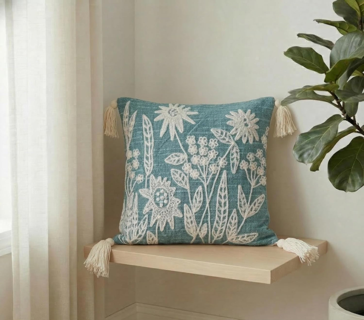 Green Florets Embroidered Cushion Cover – Decorative Pillow Case – Slub Cotton with Tassels – 16x16 Inch (40x40 cm)