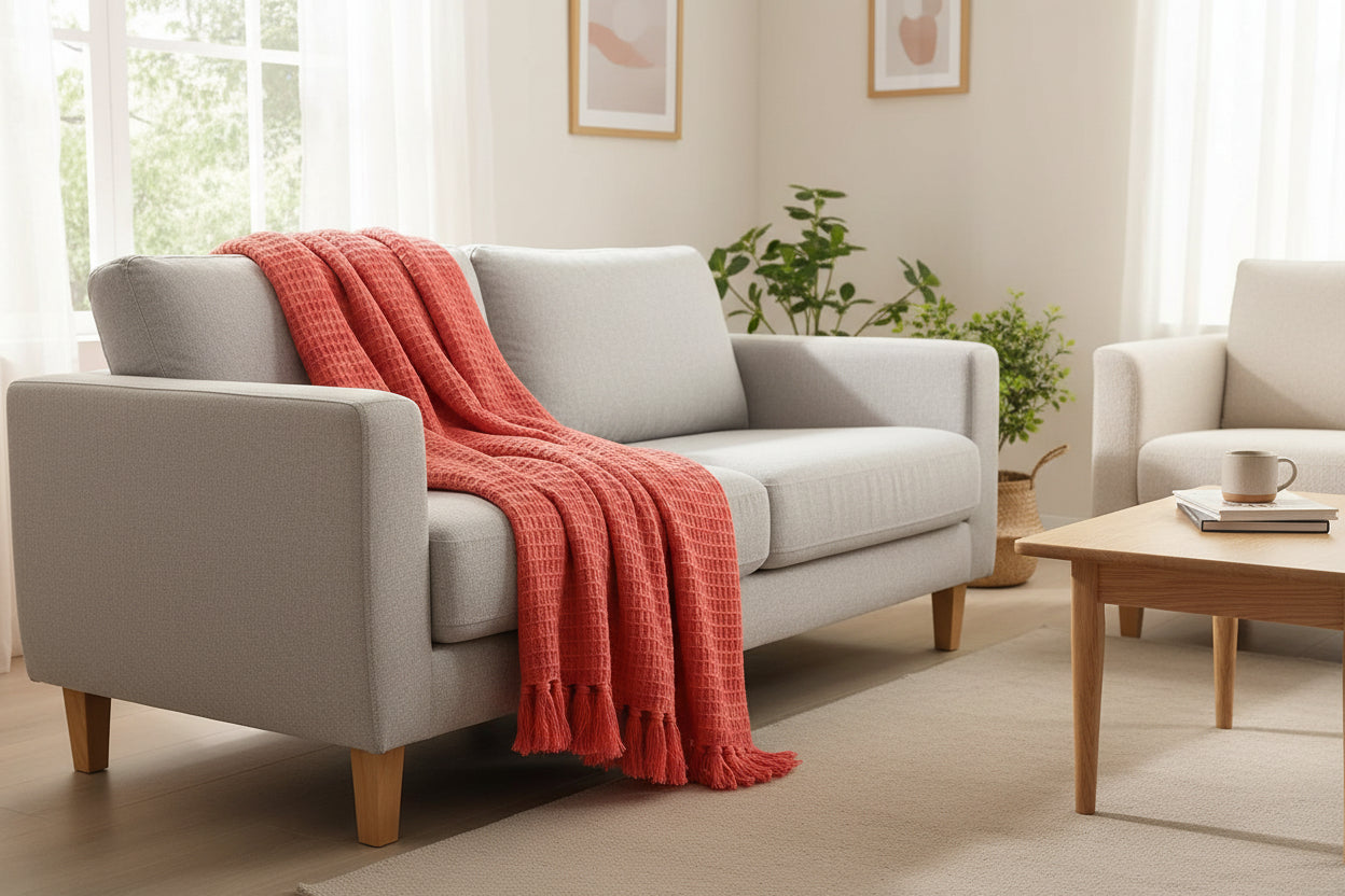 Waffle Knit Throw Blanket – Cotton Tasseled – All-Season Lightweight – 127x152 cm