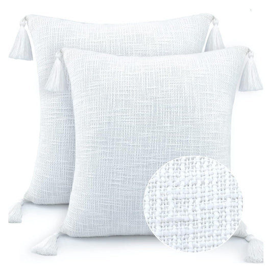 Textured Slub Pillow Sham – Cushion Cover Pair – Cotton Fabric, Tasseled Edges – 16x16 Inch