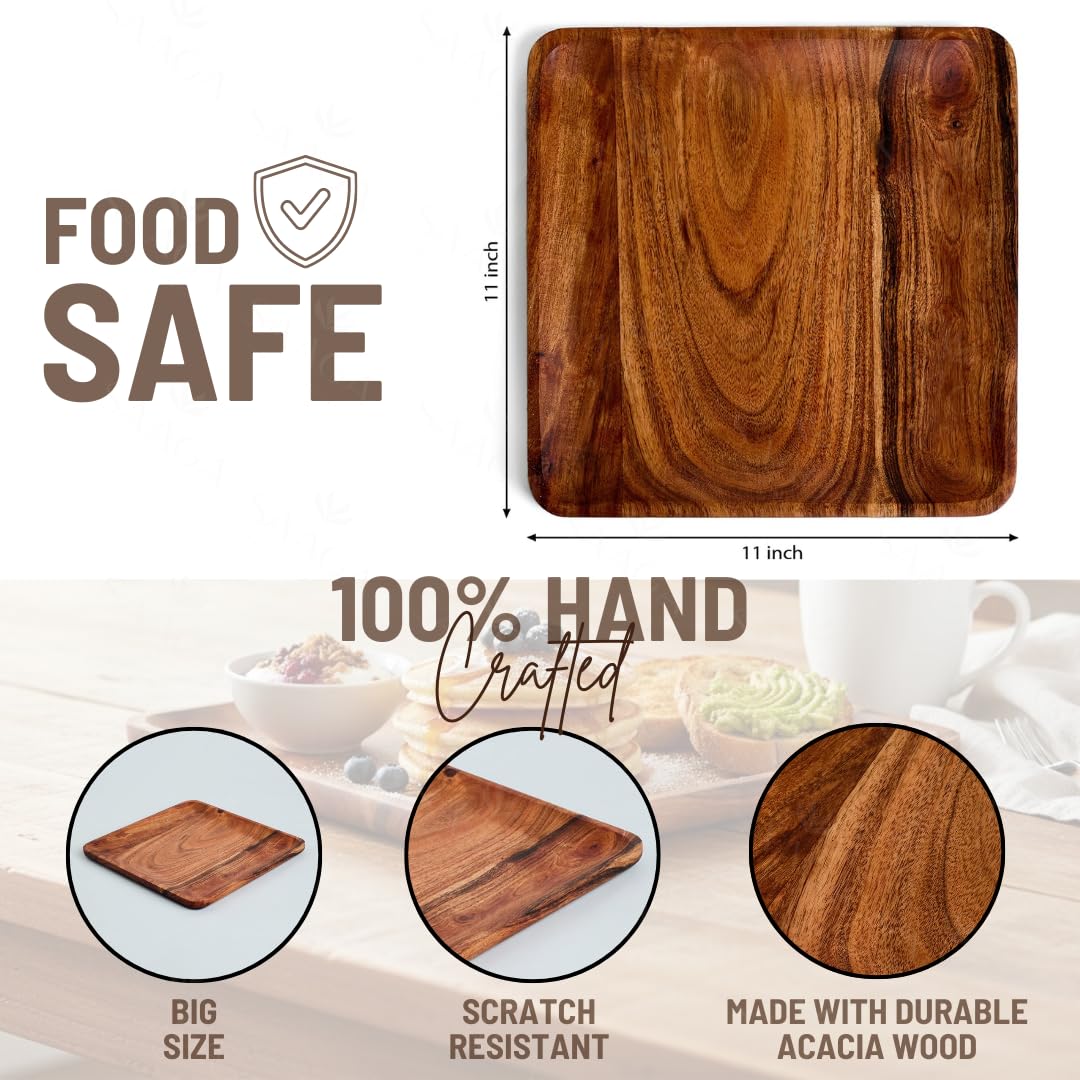 Acacia Solid Wood Kitchen Serving Tray – Handcrafted Serving Platter – 11x11 Inch Square