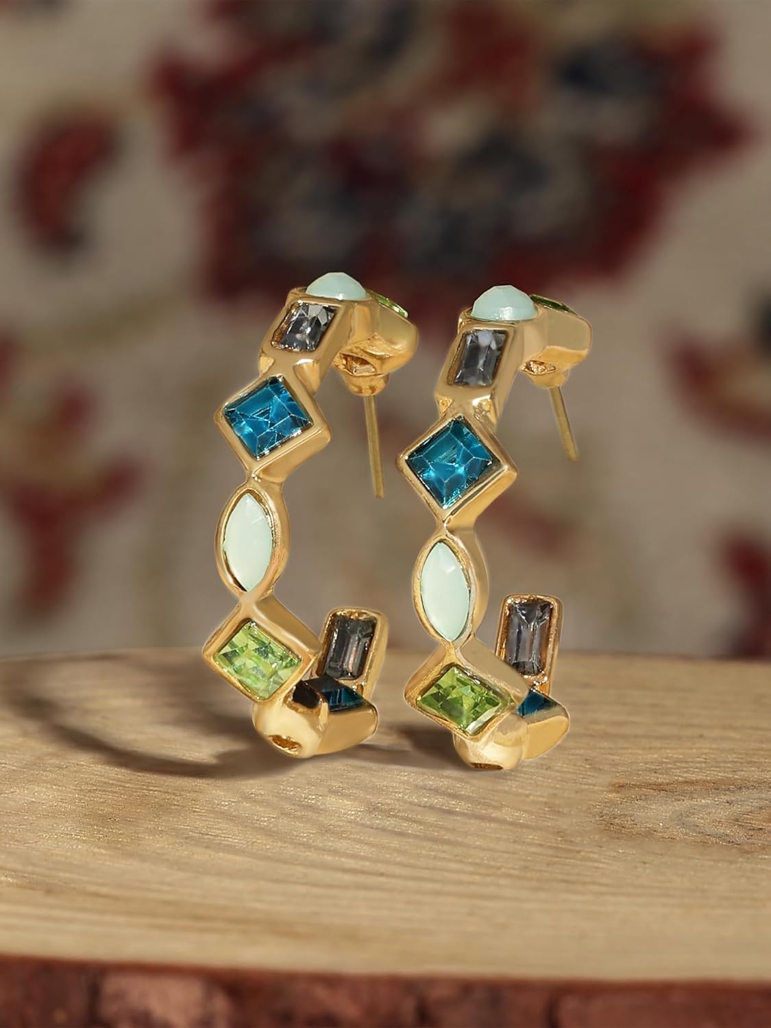 Green Blue Dazzling Stones Semi Hoop Studs – Contemporary Earrings – Embellished Jewellery Pair