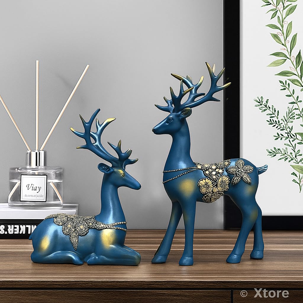 Resin Reindeer Statues – Handcrafted Home Decor Figurines – Pack of 2 Blue