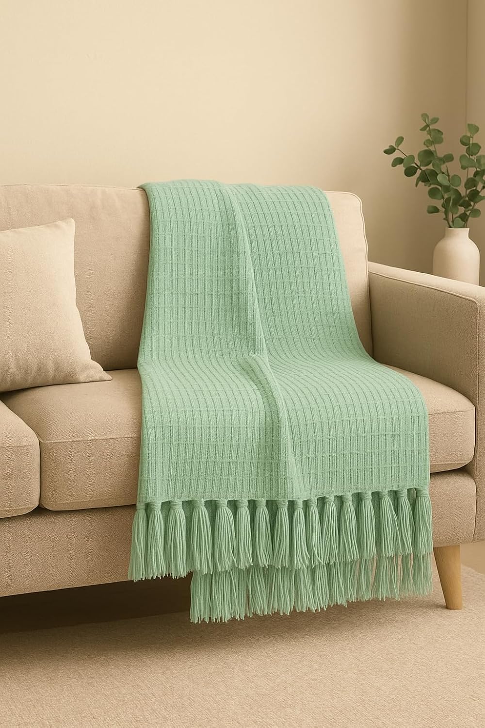Waffle Knit Throw Blanket – Cotton Tasseled – All-Season Home Textile – 127x152 cm