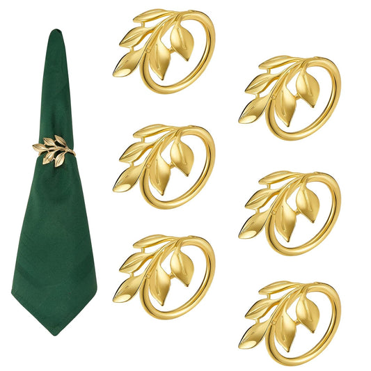 Golden Leaf Napkin Rings – Tabletop Accessory – Durable Golden Metal – Set of 6