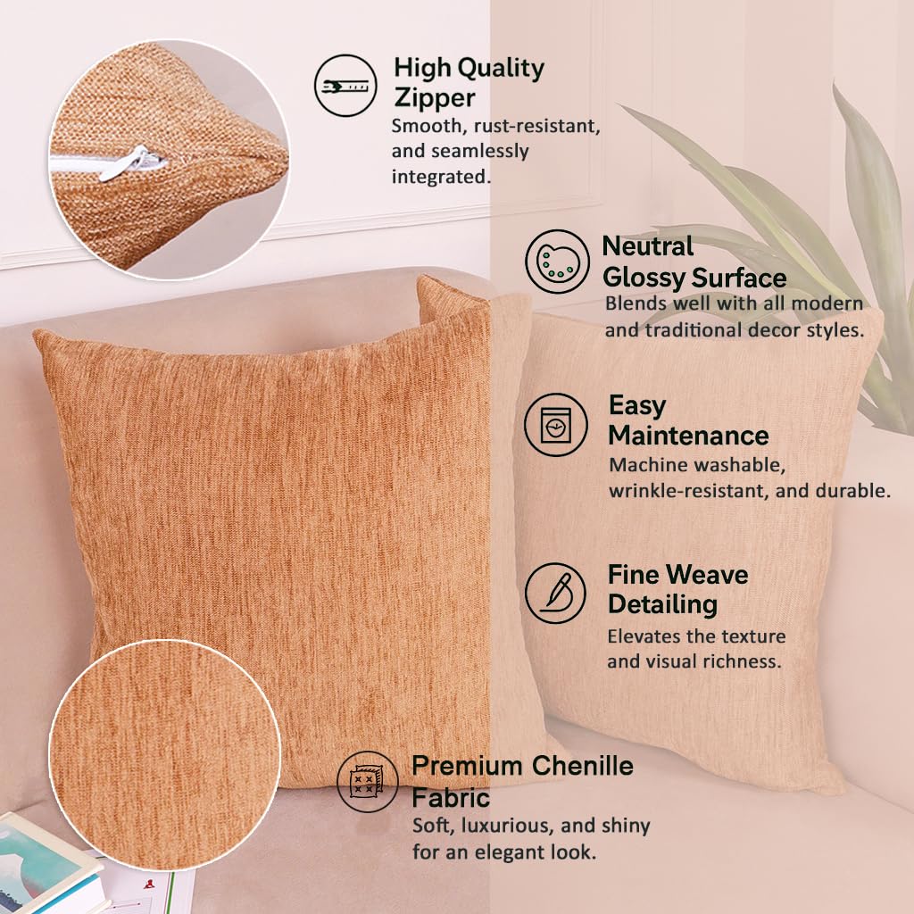 Cushion Covers – Chenille Velvet-Feel Textured – 16x16 Inch Set of 2, Dark Beige