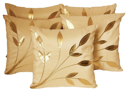 Cushion Covers – Dupion Silk Floral Gold Leaf – 16x16 Inch Set of 5 Wholesale