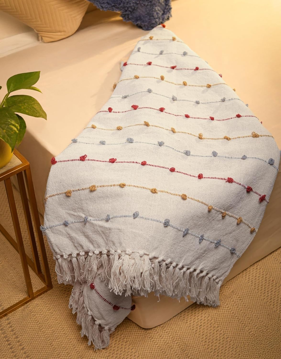 Cotton Throw Blanket – Modern Accent – Tufted Dots & Tassels – 132x183 cm