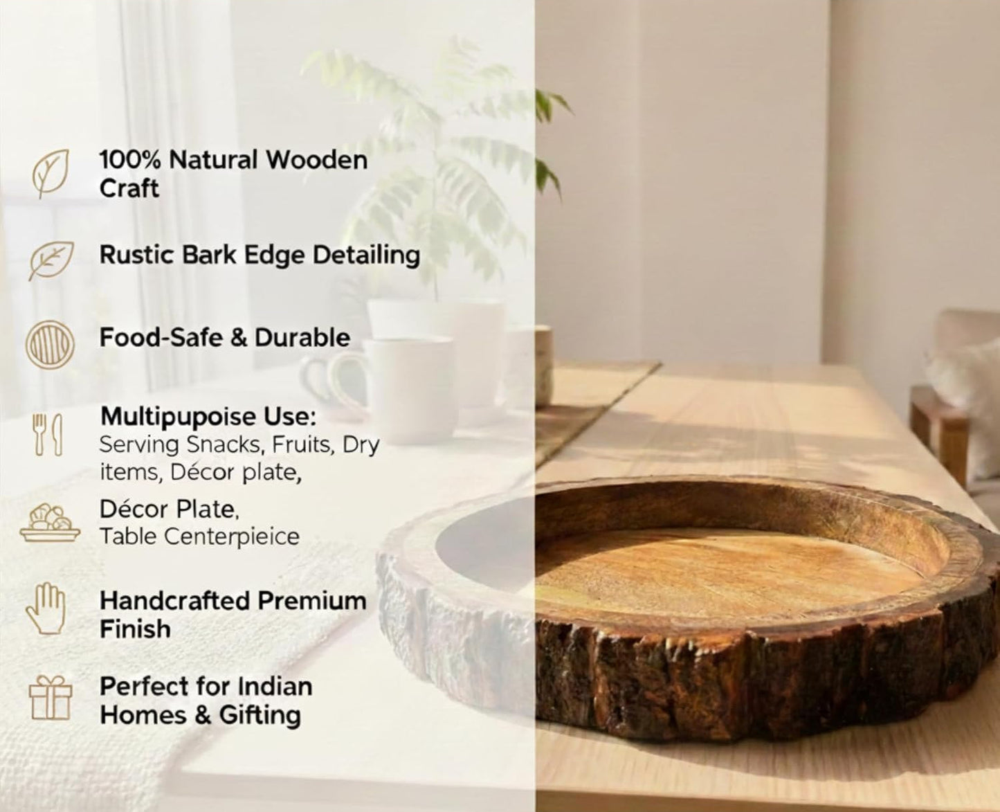 Rustic Wooden Buckle Tray – Mango Wood Serving Platter – Bark Edge, Food-Safe – 10in Round