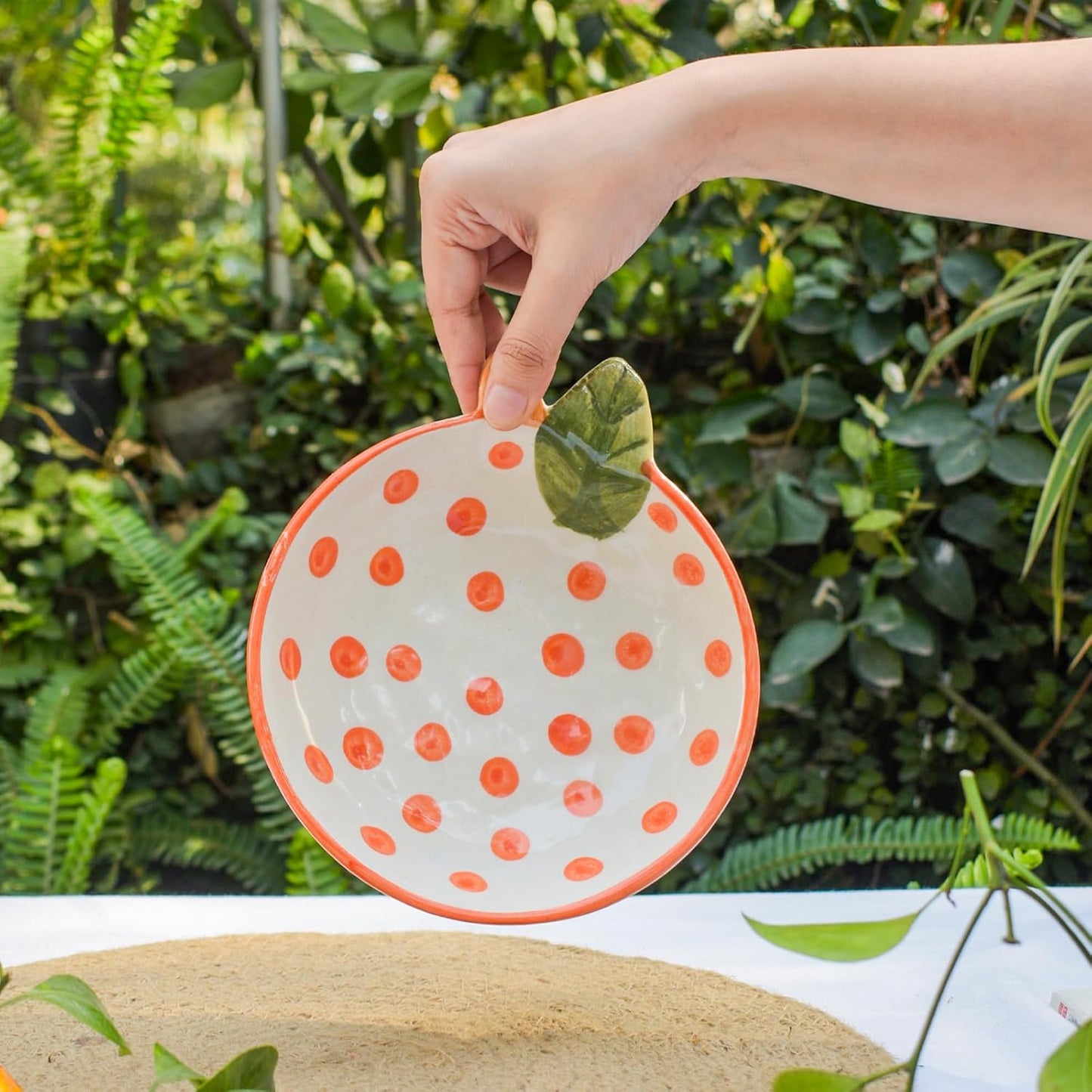 Orange Polka Heart Pattern Bowl – Artisanal Ceramic Serving Bowl – Dishwasher & Microwave Safe