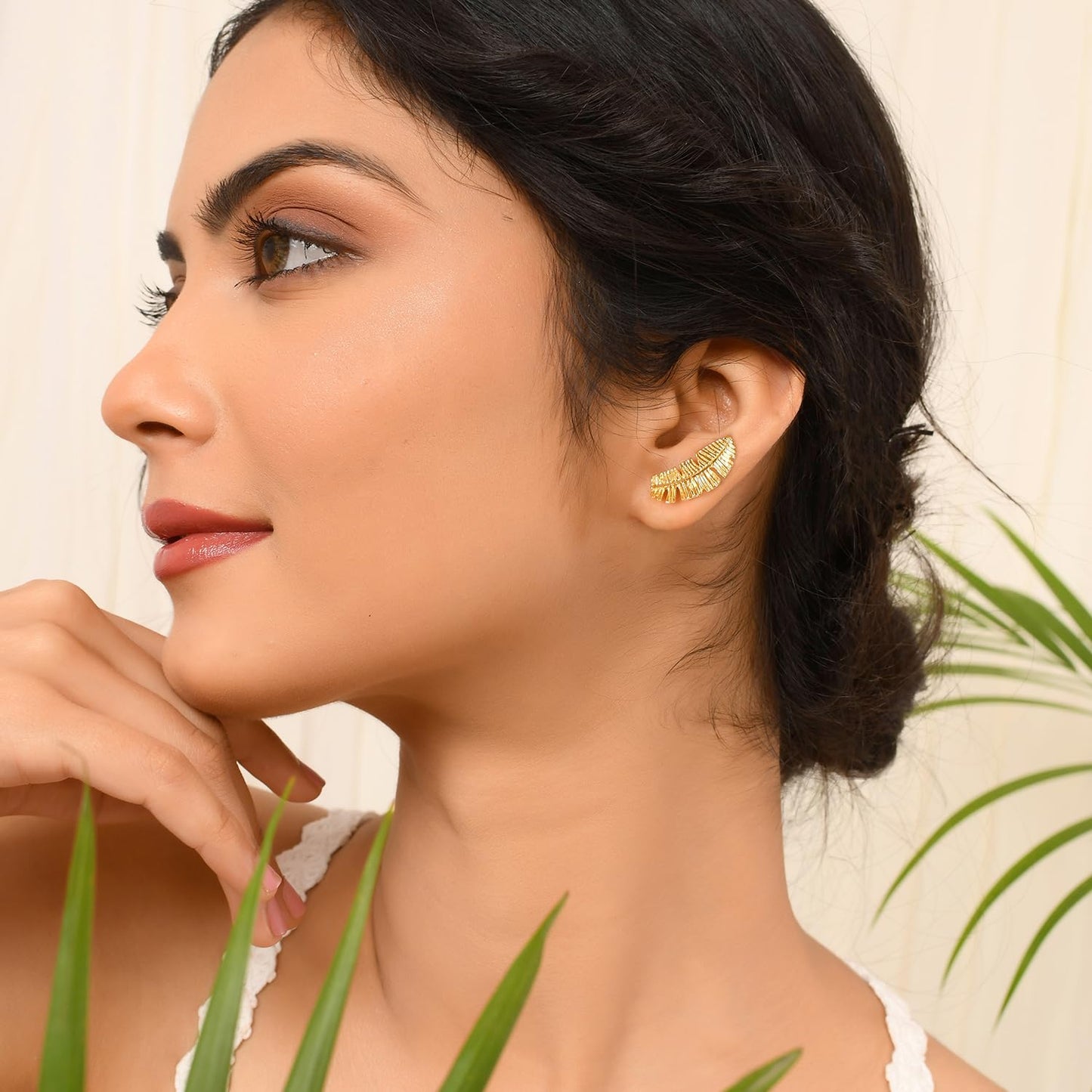 Hawaii Banana Leaf Ear Crawler Studs – Fashion Earrings – Handcrafted Brass Base – Skin-Safe Finish