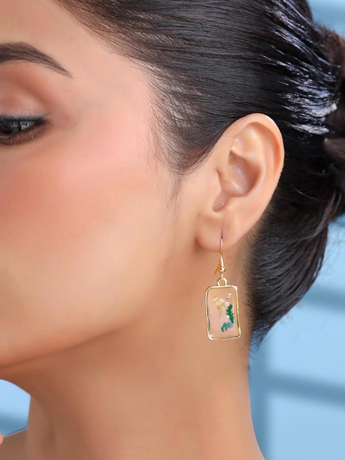 Yellow Flower Pressed Drop Earrings – Fashion Jewelry – Resin & Gold Finish – Single Pair