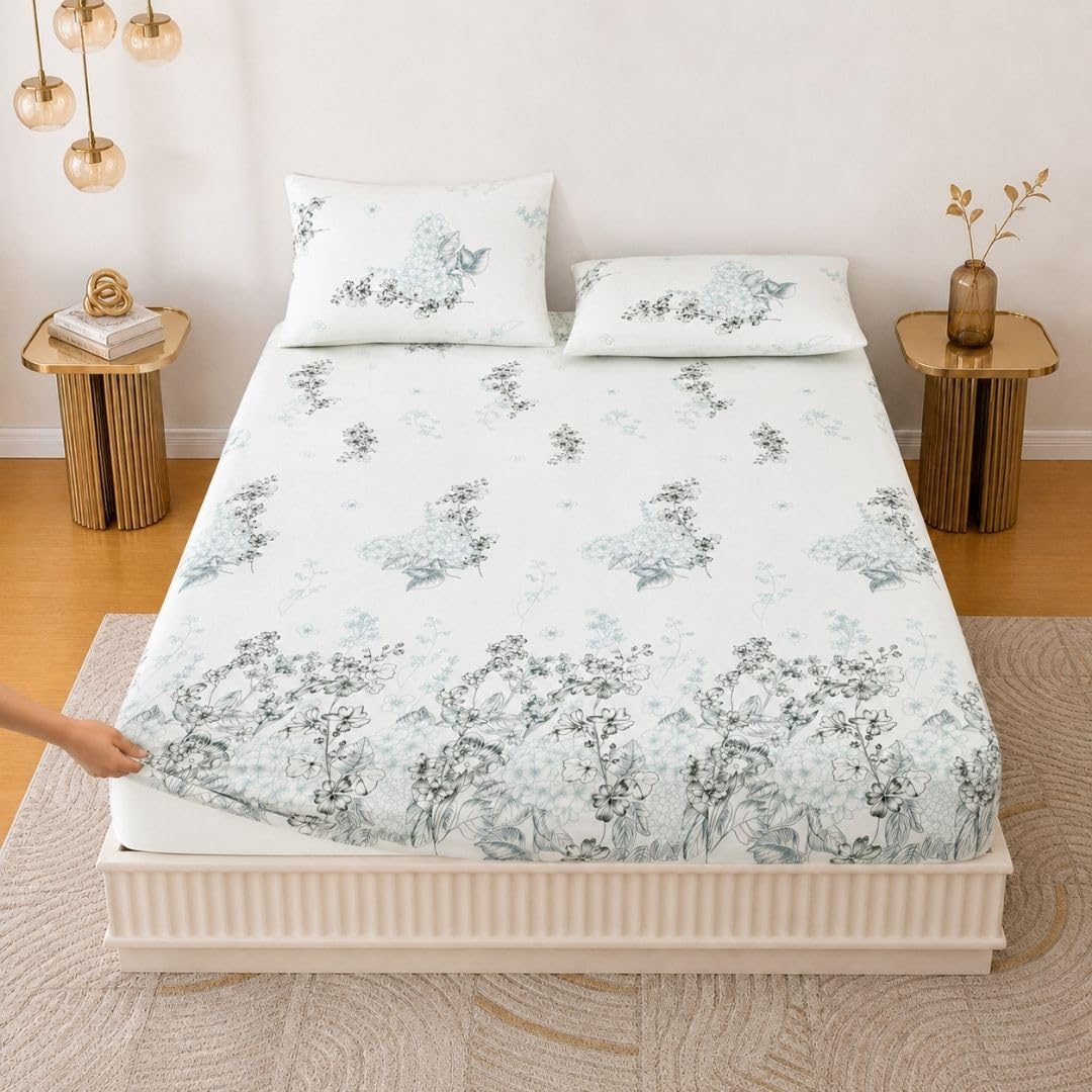 Bedsheet | 240TC Cotton Elastic Fitted | King Size, 2 Pillow Shams