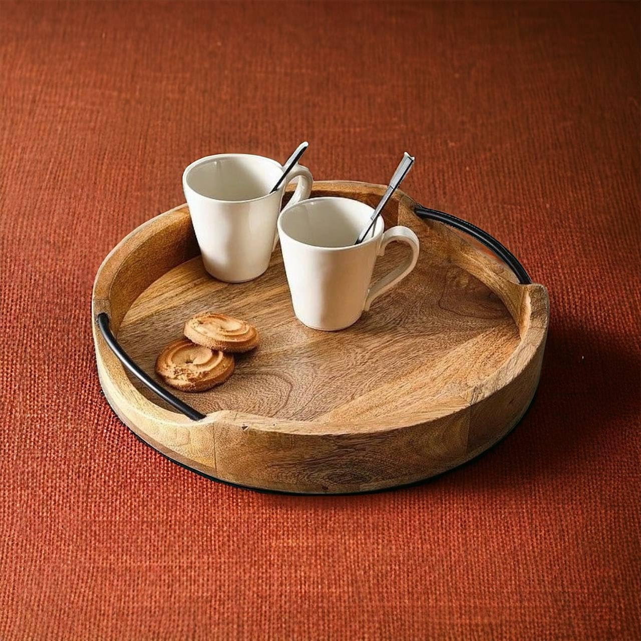 Rustic Round Serving Tray – Handcrafted Mango Wood & Iron – 10-inch Diameter