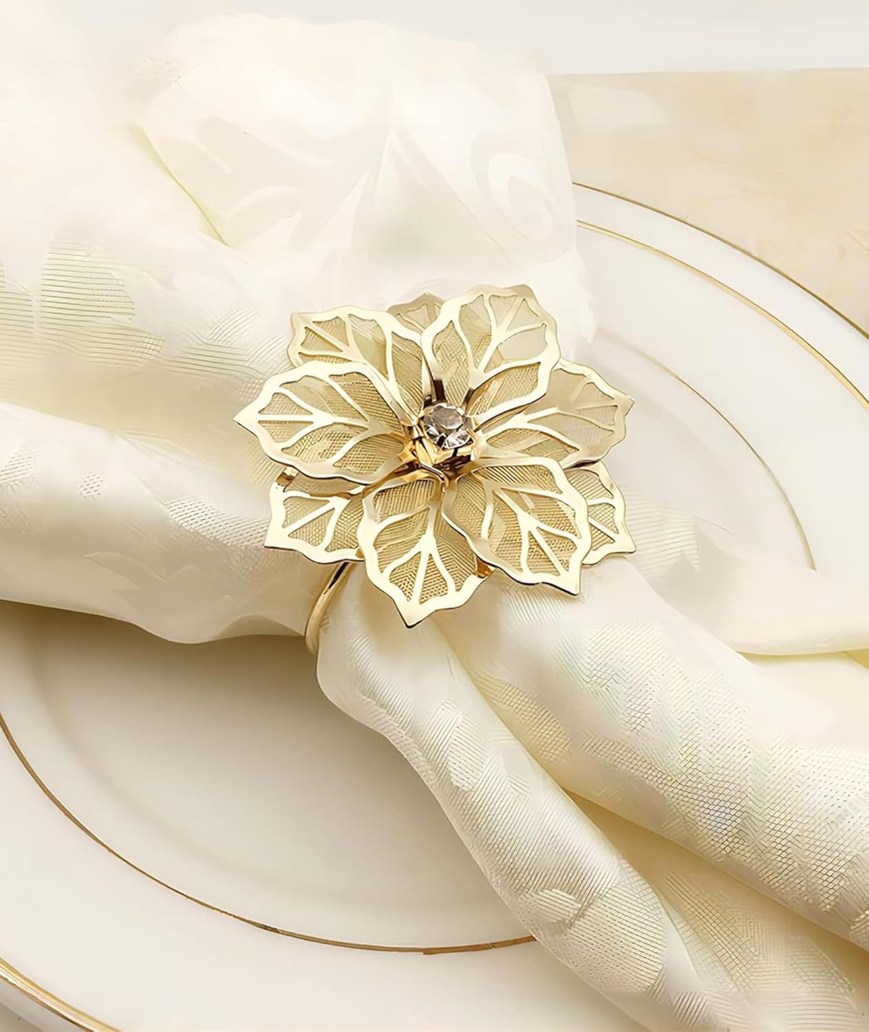 Gold Floral Napkin Rings – Table Setting Accessory – Intricate Floral Design – Set of 6