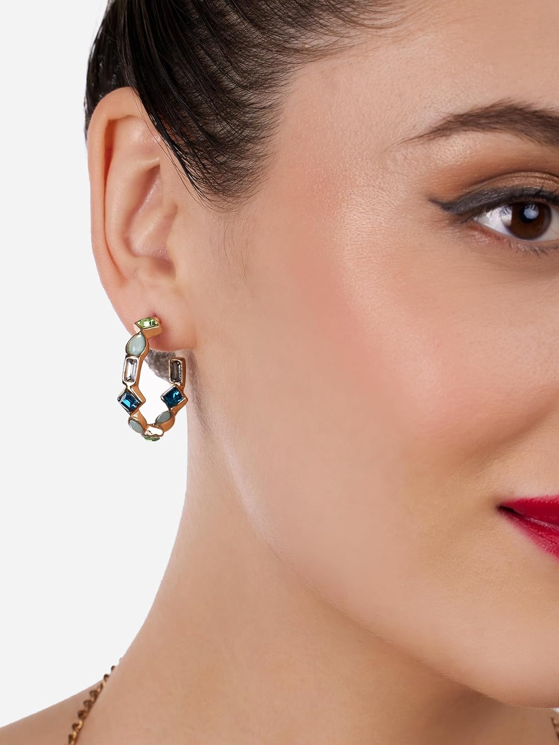 Green Blue Dazzling Stones Semi Hoop Studs – Contemporary Earrings – Embellished Jewellery Pair