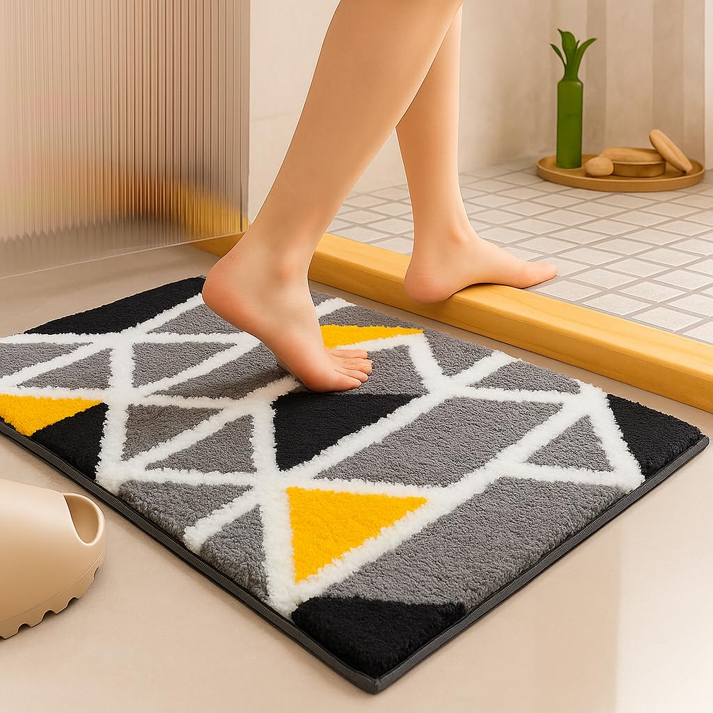 Mosaic Grey Super Soft Microfibre 2000 GSM Bath Mat 40x60cm (1-Pack) | Absorbent Anti-Skid Door Mat for Home Bathroom Kitchen