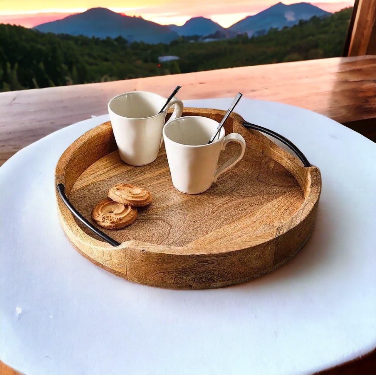 Rustic Round Serving Tray – Handcrafted Mango Wood & Iron – 10-inch Diameter