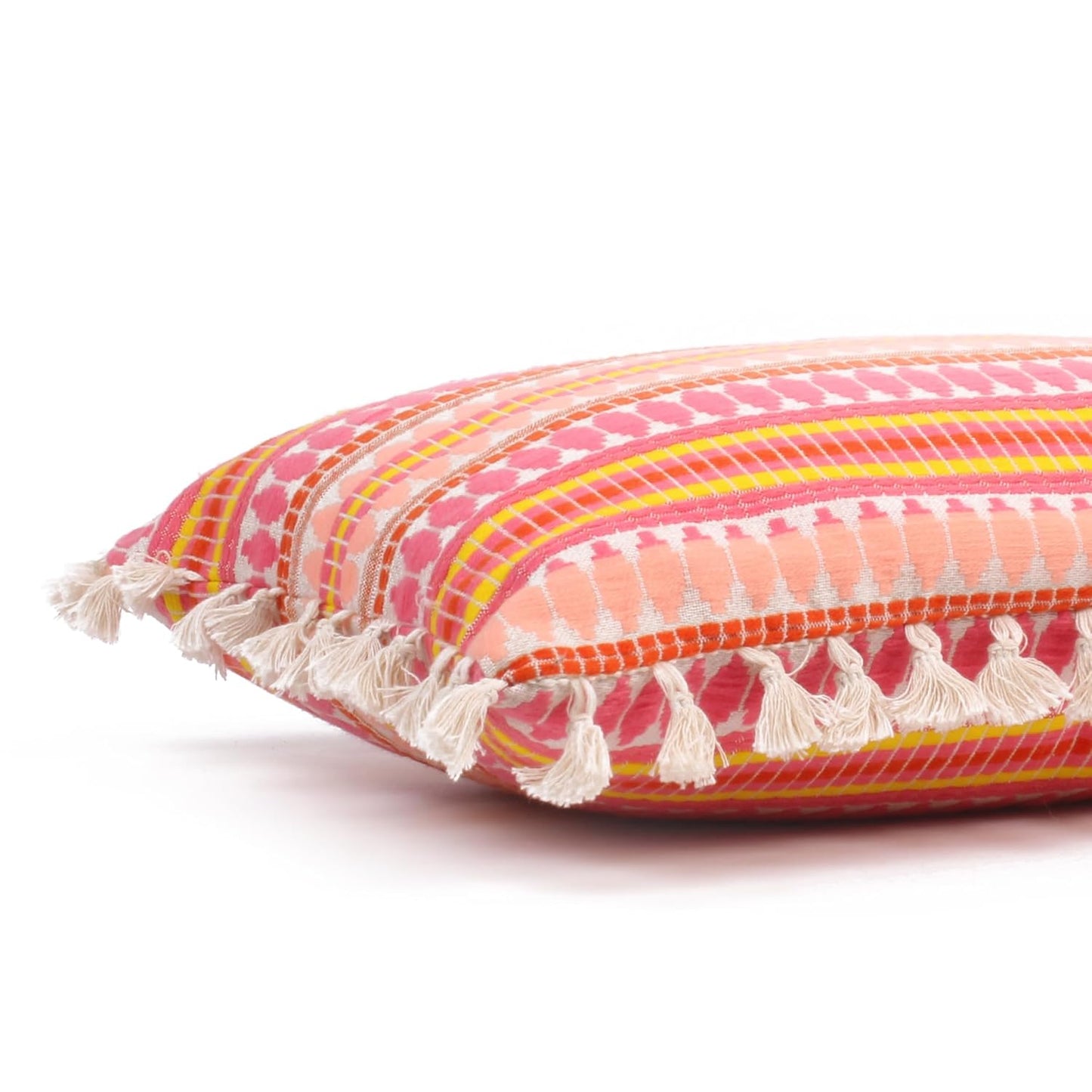 Wholesale Geometric Pink Cushion Covers – Woven Fabric, Tassels – 12x18 Inch, Set of 2