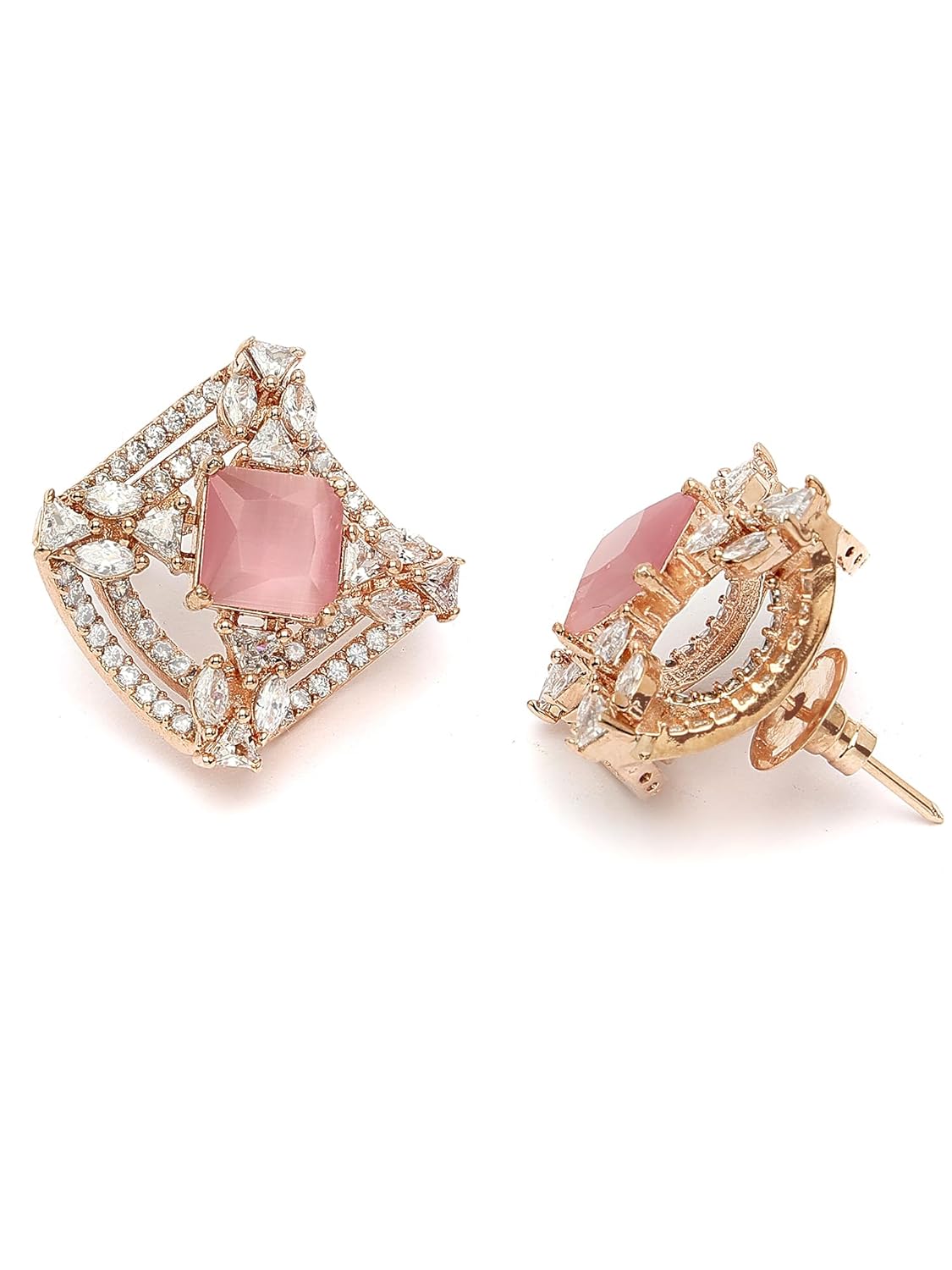 Rose Gold Plated Pink American Diamond Stud Earrings – Hypoallergenic Jewellery – Standard Pair