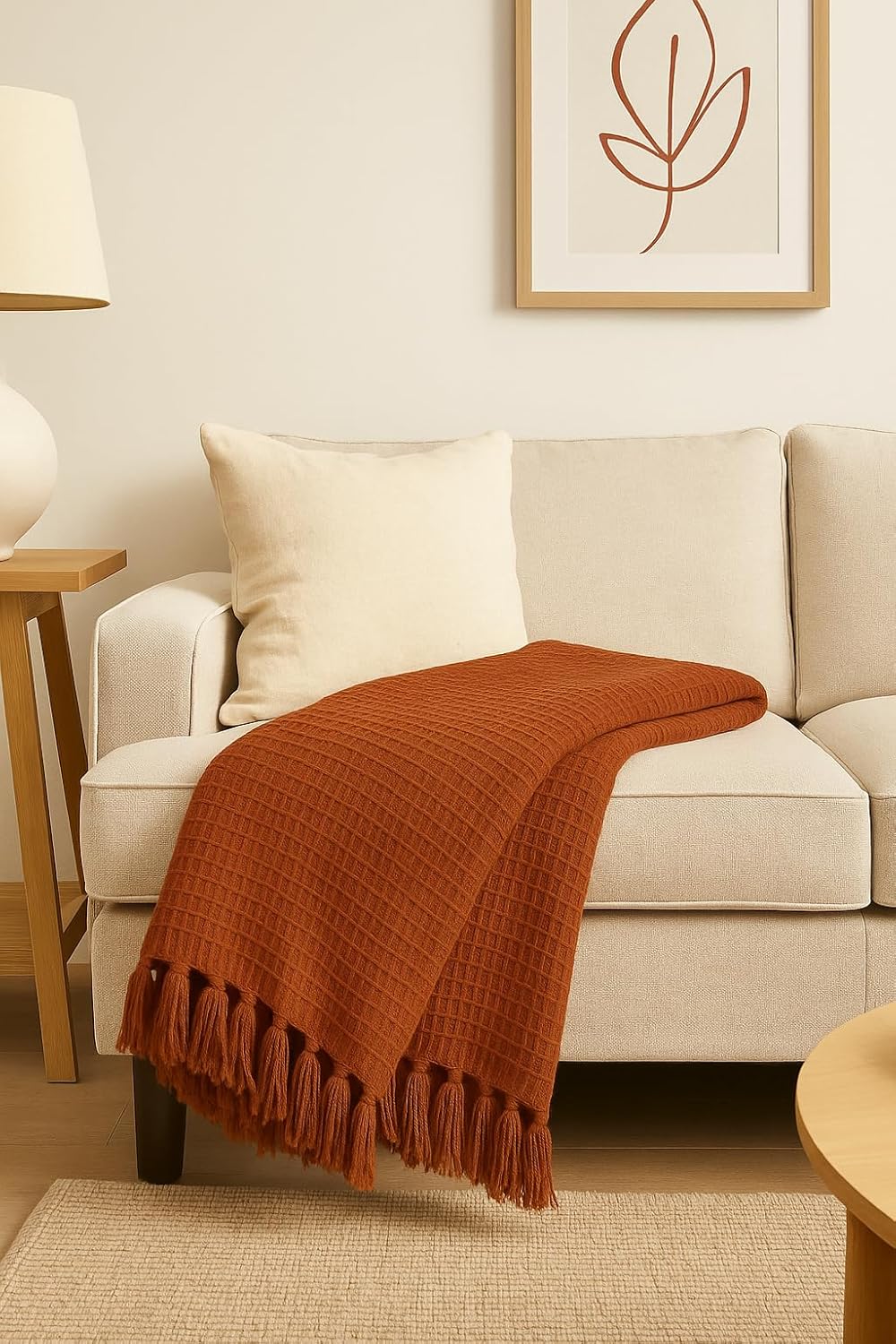 Waffle Knit Throw Blanket – Cotton Tasseled – All-Season – 127x152 cm