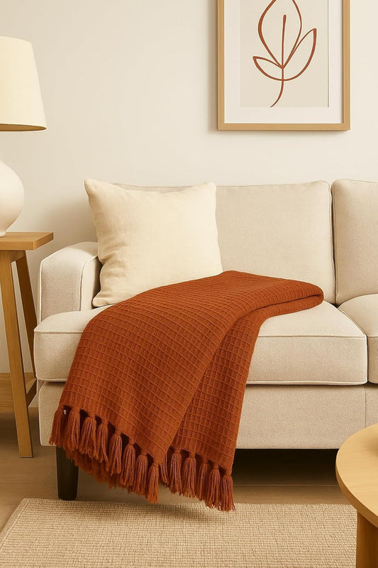 Waffle Knit Throw Blanket – Cotton Tasseled – All-Season – 127x152 cm