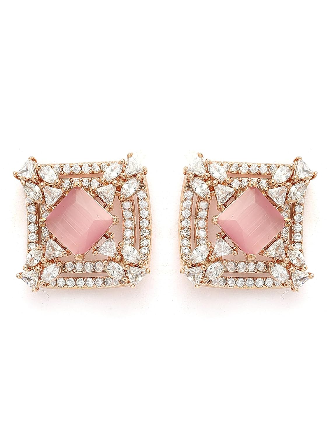 Rose Gold Plated Pink American Diamond Stud Earrings – Hypoallergenic Jewellery – Standard Pair