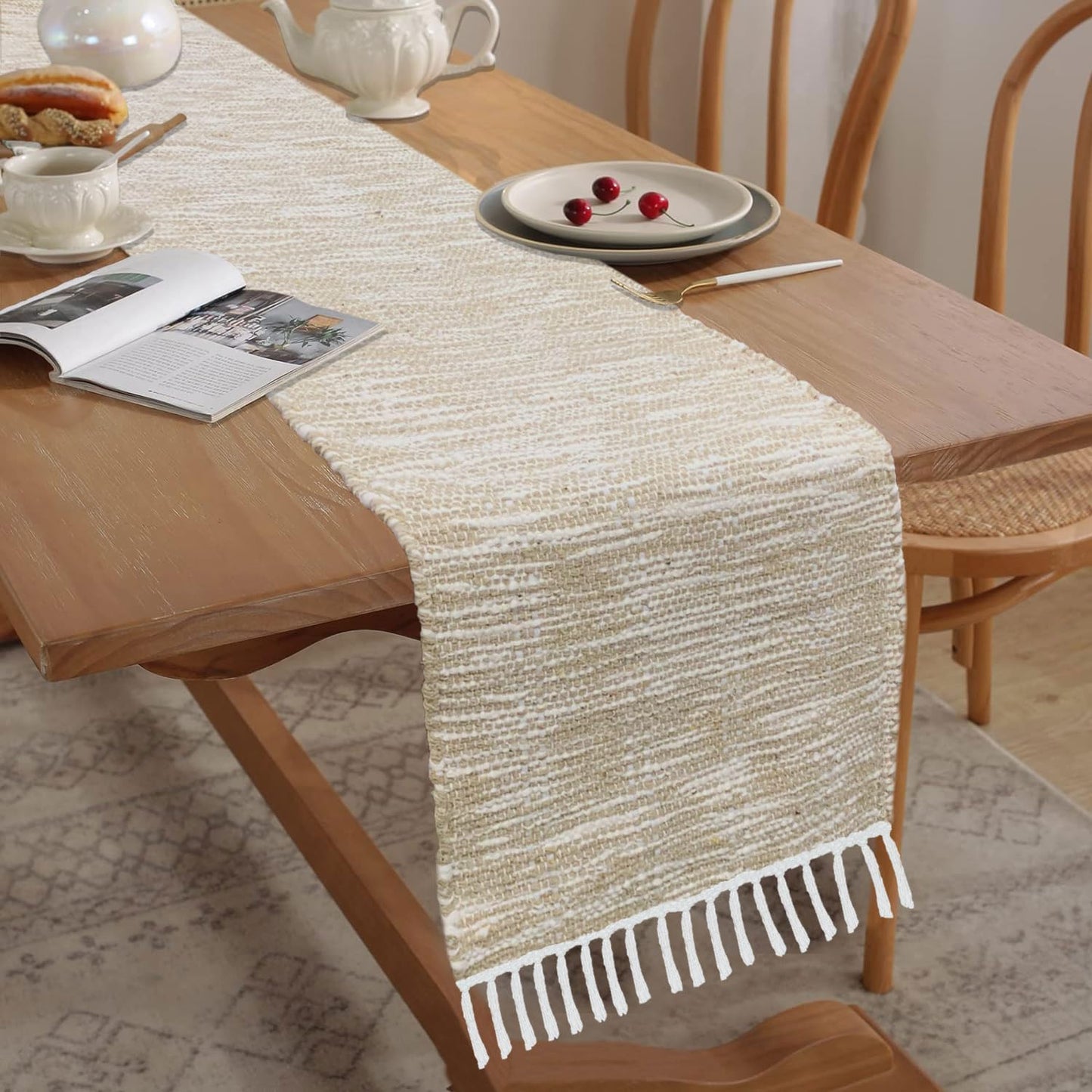 Wholesale Table Runner – Textured Cotton Jute Blend – Beige/White – 13x74 Inch