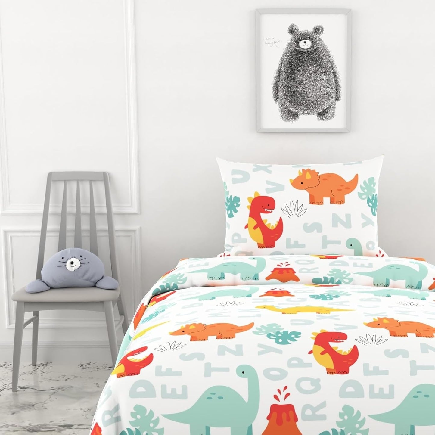Single Bed Sheet Set - 100% Cotton 144TC - Kids' Alphabet Dino Print