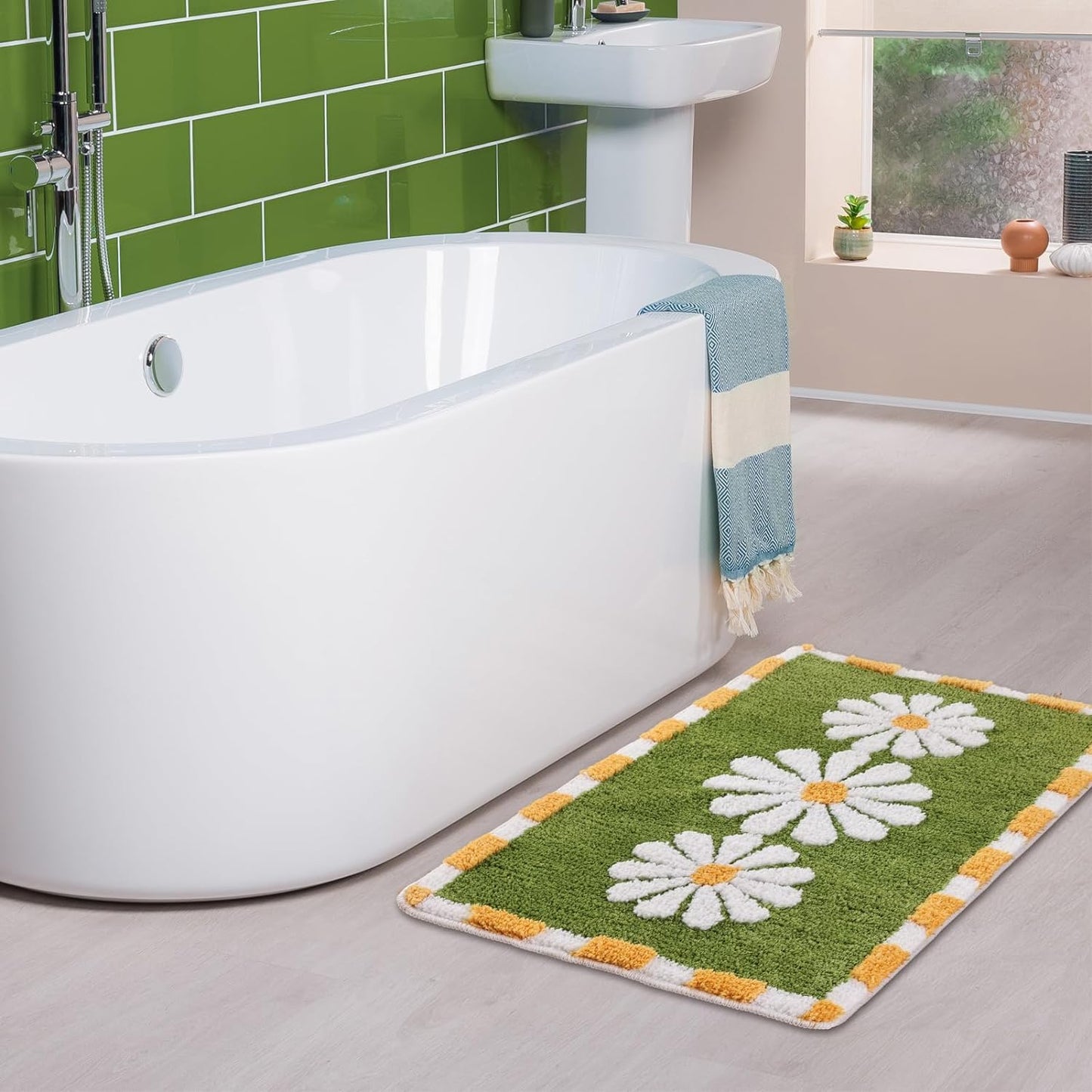Blossom Super Soft Anti-Skid Microfiber 2000 GSM Mat (50x80 cm) Pack of 1 | Absorbent Bath Kitchen Door Floor Mat Green