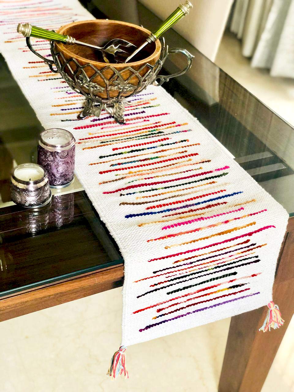 Hand Woven Striped Table Runner – Dining Linen – Cotton Fabric – 13x72 Inch