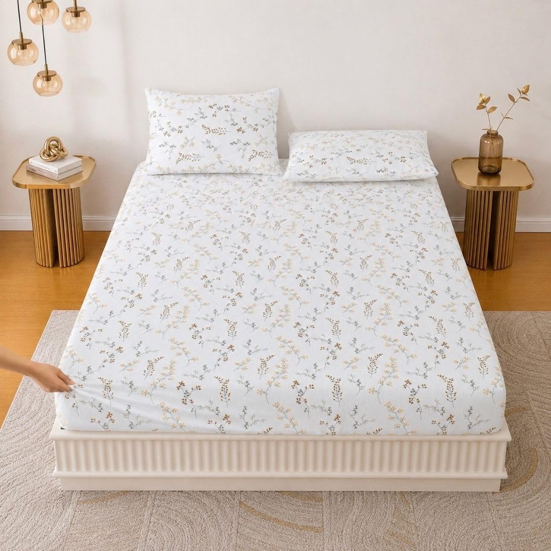Bedsheet | Pure Cotton Elastic Fitted | King Size 198cm x 182cm 3-Piece