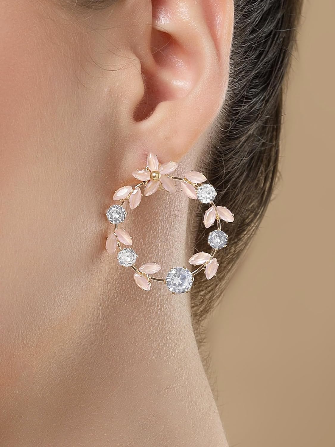 Round Dangler Earrings – Women's Fashion Jewellery – Gold Plated Pink American Diamond – Single Pair