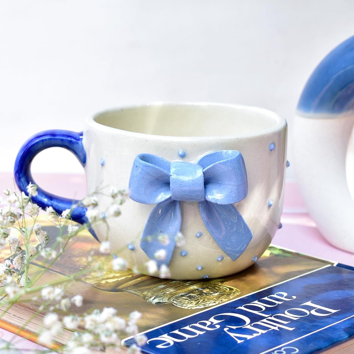 Artisan Ceramic Mug Blue Bow – Beverage Serveware – Handcrafted Clay – 220 ML