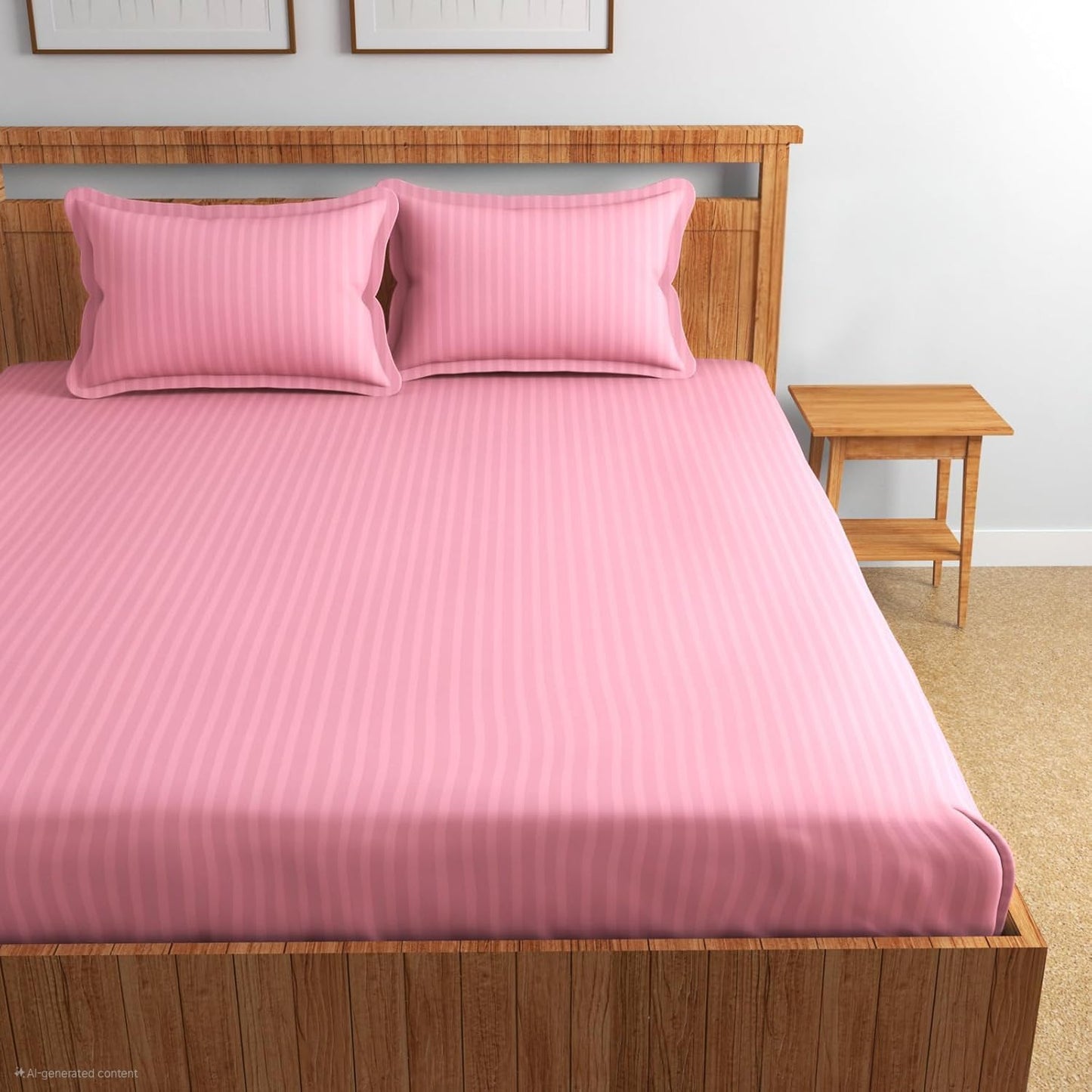 King Size Bedsheet Set - 220 TC Glace Cotton Satin Stripes - 90x90 Inch, 2 Pillow Covers