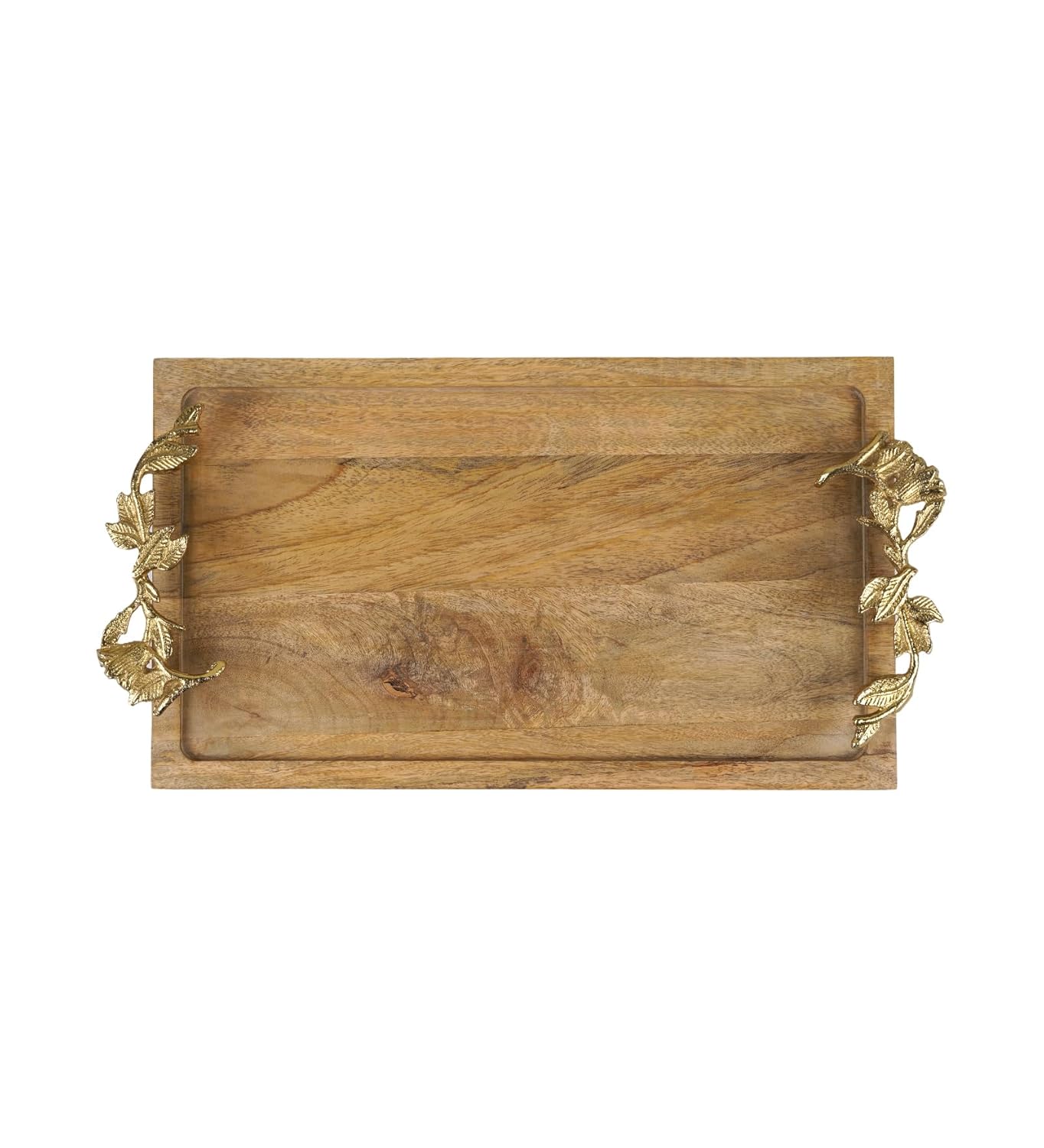 Mango Wood Serving Tray – Rectangular Display Tray – Gold Leaf Handles – 22x42x4cm