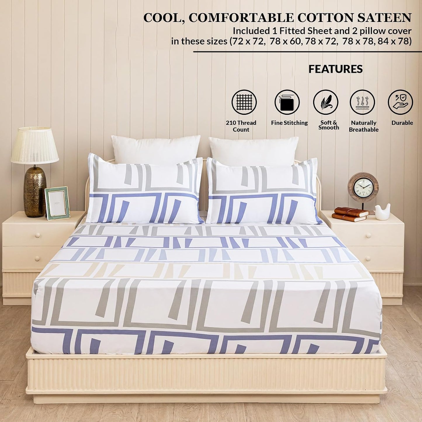 Bedsheet | Cotton 210 TC Elastic Fitted | King Size 2-piece Set