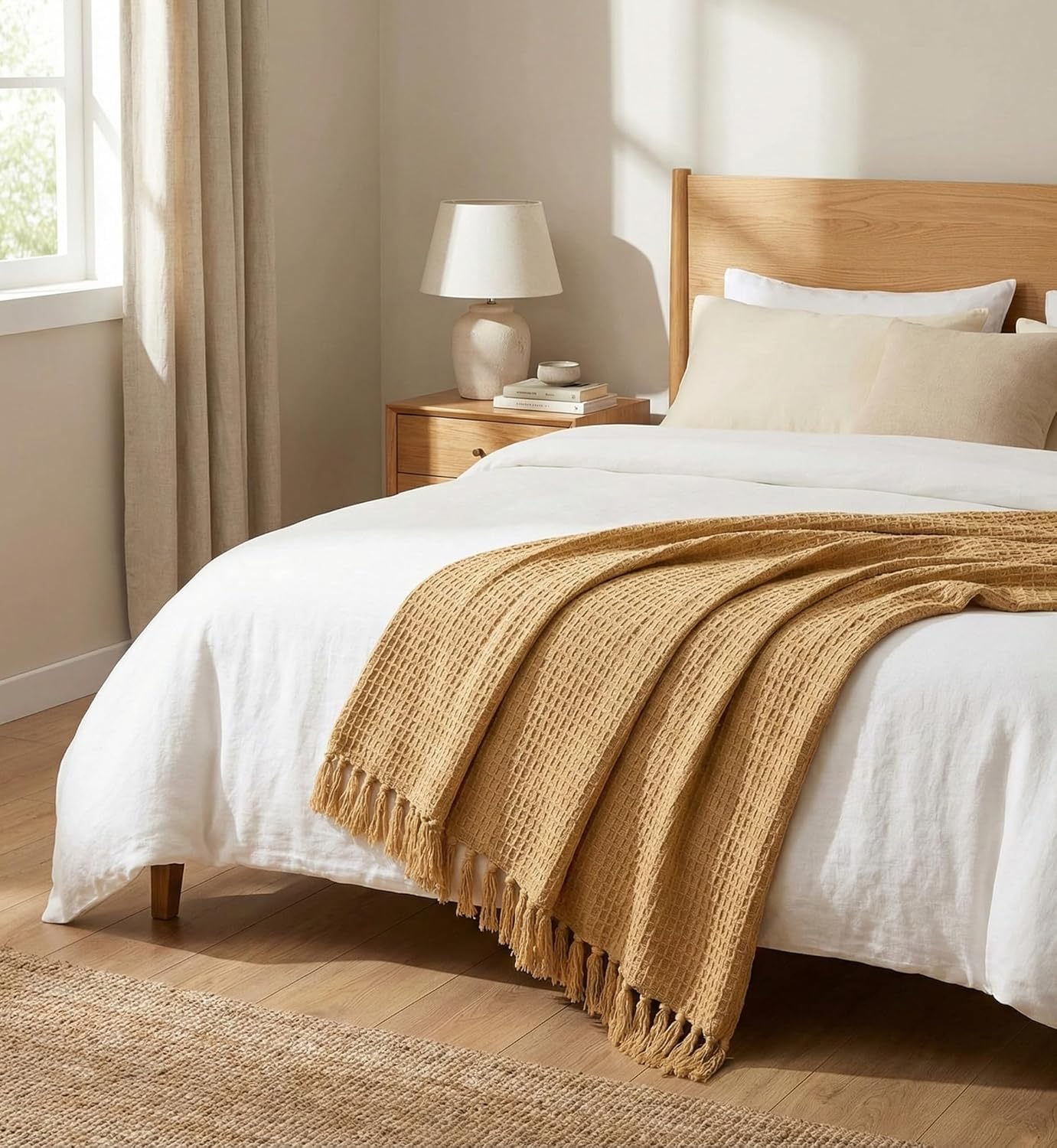 Waffle Knit Throw Blanket – Decorative Sofa Throw – Cotton Tassel Design – 127x152 cm Beige