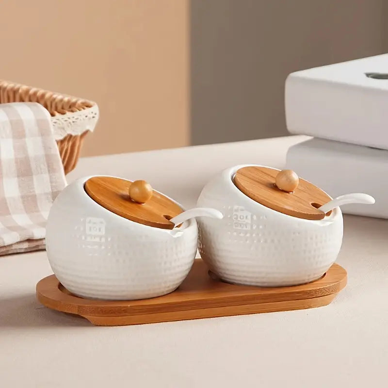 Ceramic Spice Jars with Wooden Lids & Spoons – Elegant Kitchen Storage Set