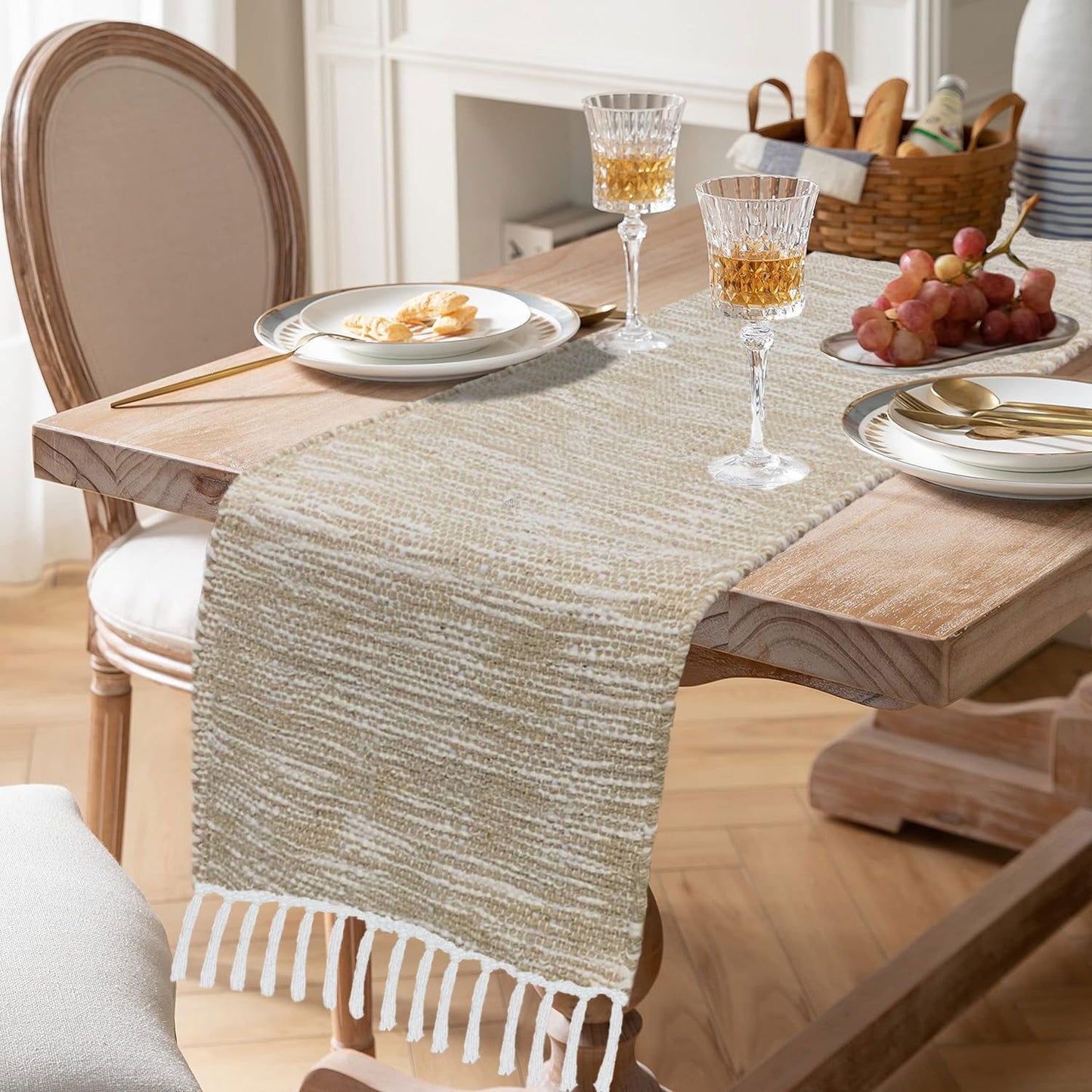 Wholesale Table Runner – Textured Cotton Jute Blend – Beige/White – 13x74 Inch