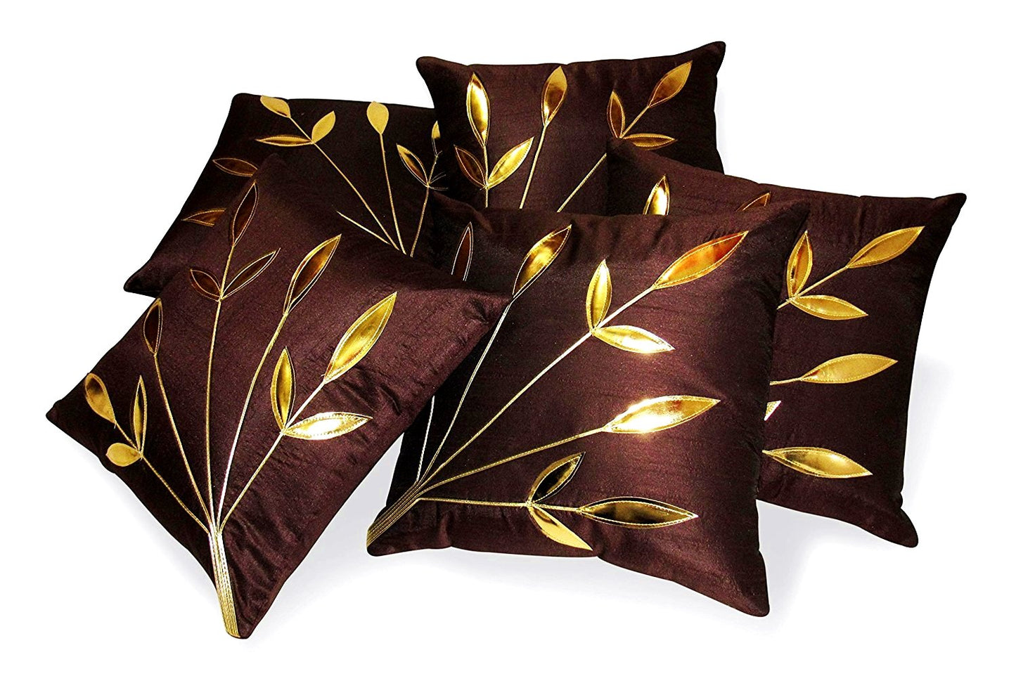 Cushion Covers – Brown Dupion Silk Golden Floral – 16x16 Inch, Set of 5 Wholesale