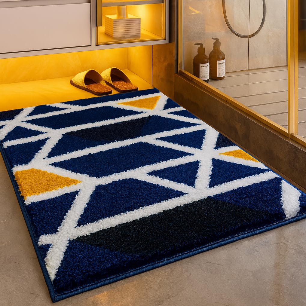 Mosaic Blue Super Soft 2000 GSM Microfibre Bath Mat (40x60 cm) Pack of 1 | Absorbent Anti-Skid Door Floor Mat for Home Bathroom Kitchen