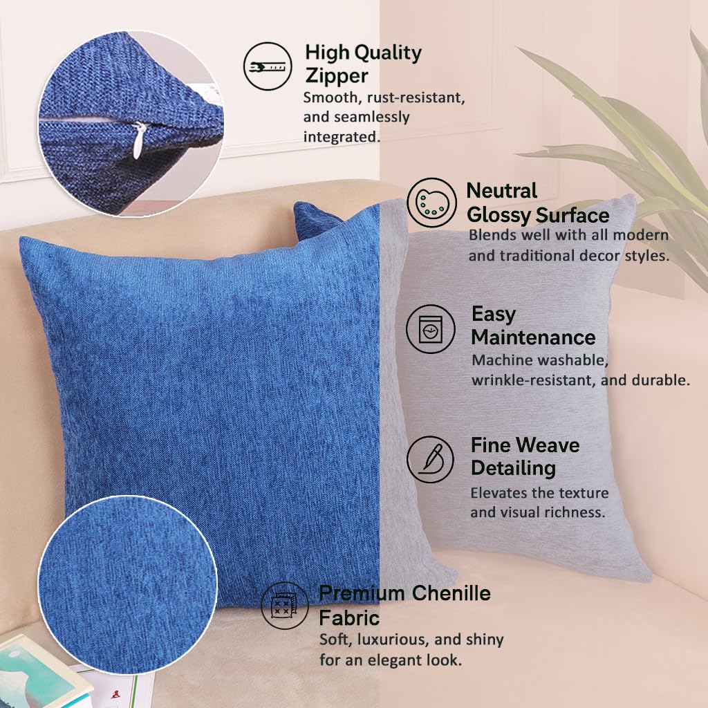Chenille Cushion Covers – Velvet-Feel Texture – 16x16 Inches, Set of 2 (Blue)