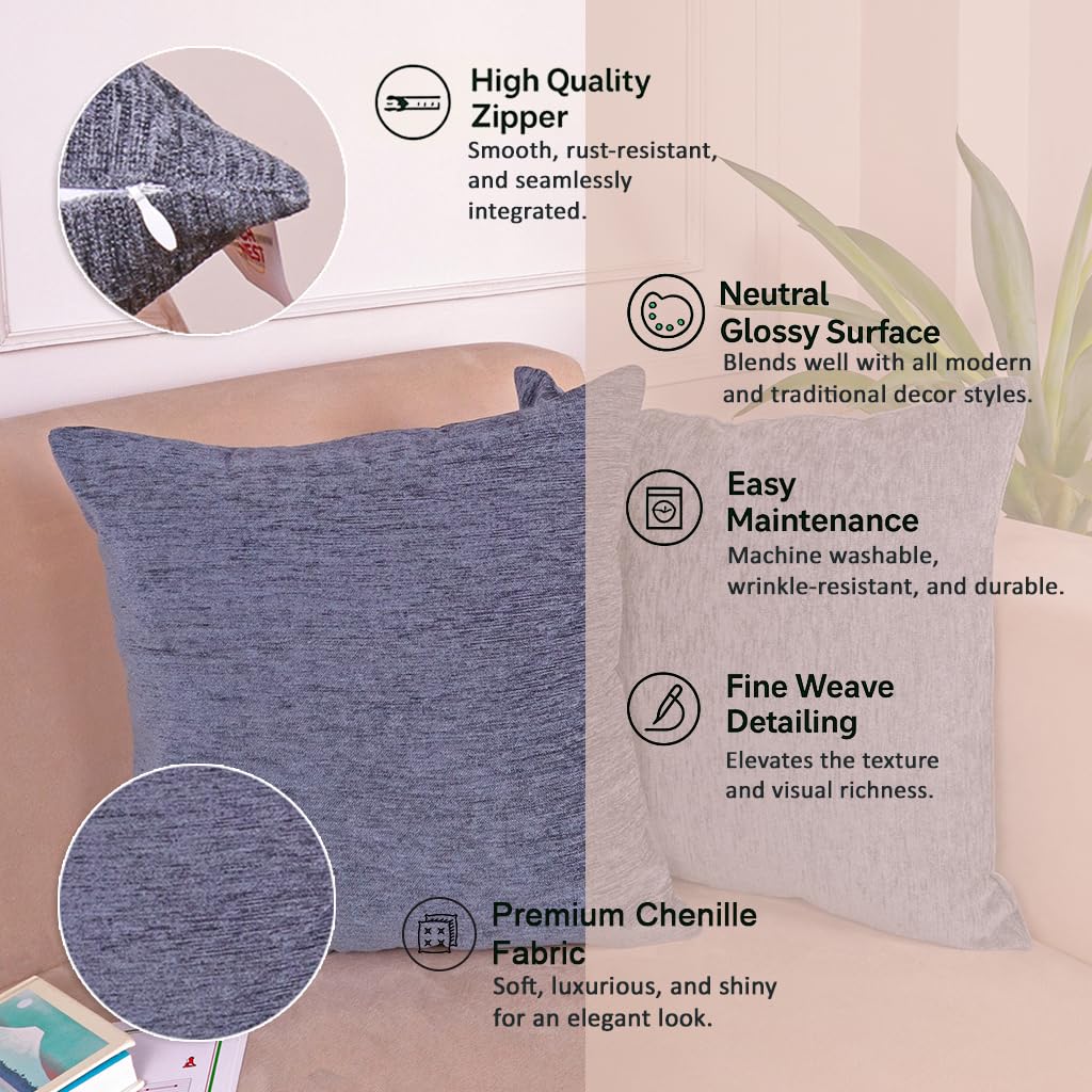 Cushion Covers – Durable Chenille Textured – 16x16 Inches Set of 2, Dark Grey