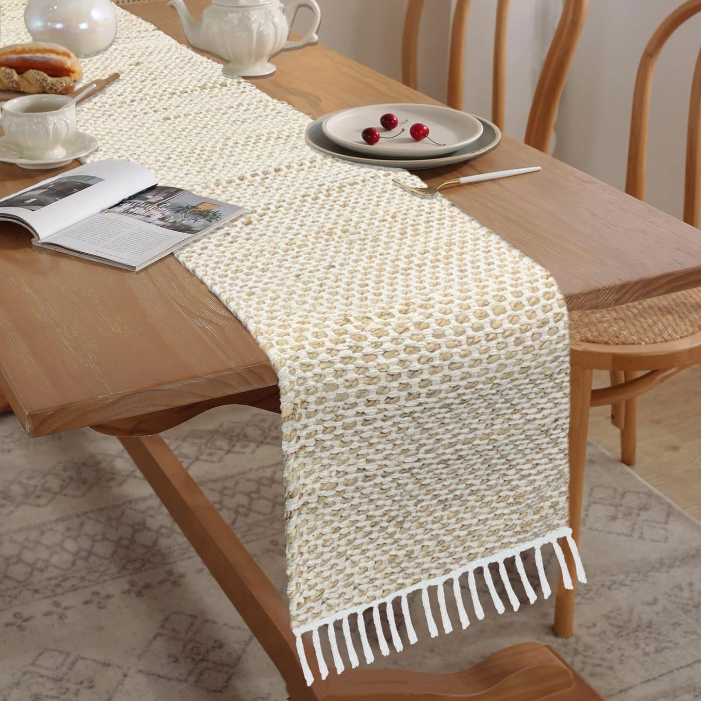 Table Runner – Beige White Honeycomb Woven Cotton Jute with Tassels – 13x74 Inch